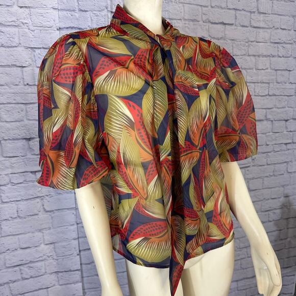 CQ by CQ Multicolored Fall Leaf short big puffy sleeved blouse size large - Picture 3 of 12